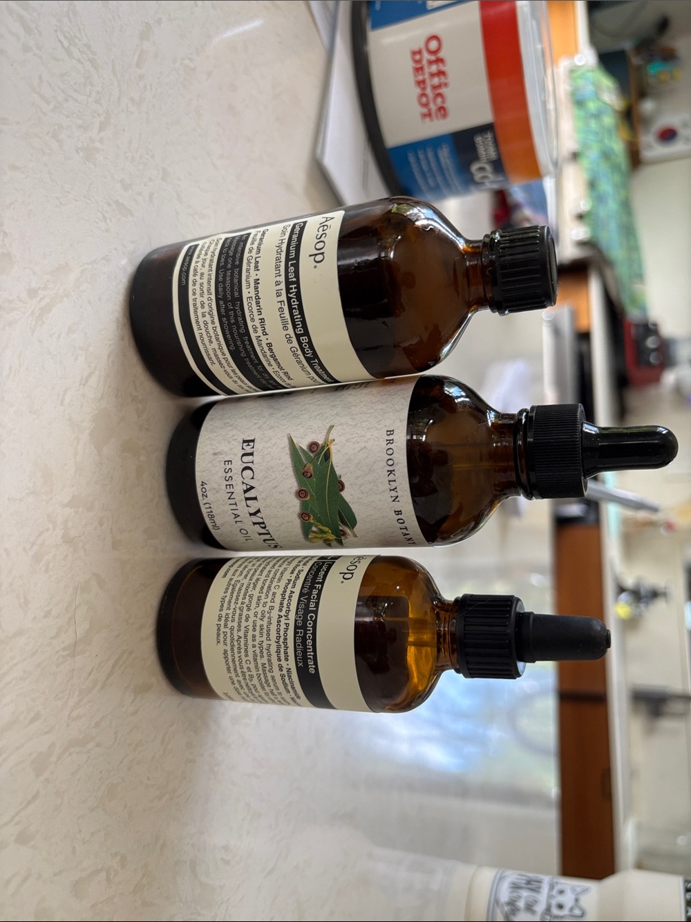 Amber Empty Bottles of used Aesop & Brooklyn Botanic Eucalyptus Essential Oil